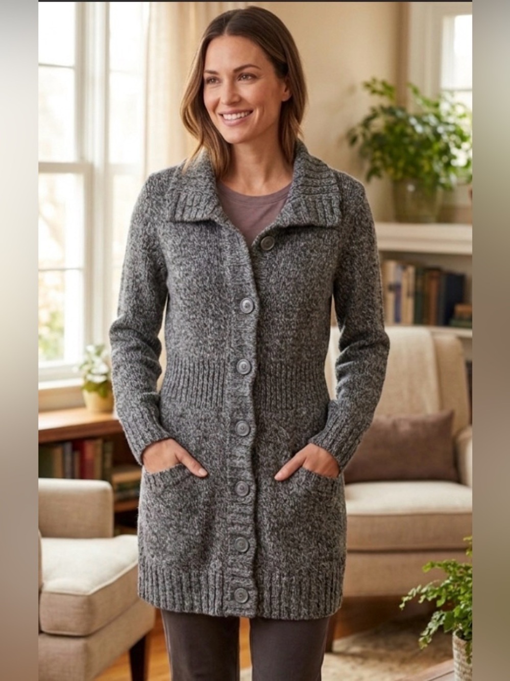Merona Women’s Long Line Charcoal Wool Blend Button- Up Cardigan Sweater -large